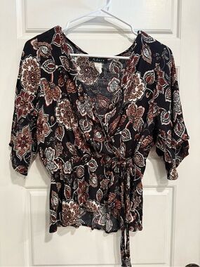 Adara Floral Paisley Wrap Peplum Blouse Black Boho Tie Waist Women’s M